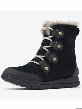 Sorel Black Suede Lace-Up Winter Boot with Faux Fur Trim